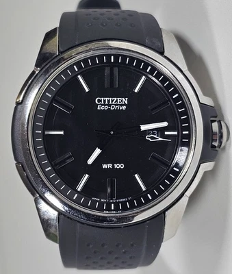 Reloj Citizen Hombre AW1150-07E Eco Drive Esfera Negra Fecha Banda Goma 44mm Foto 1 de 4