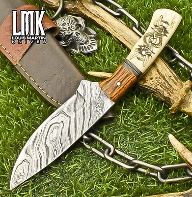 LMK Hot Item Skinner Knife Twist Damascus ScrimShaw Bone Camping - Image 1 of 4