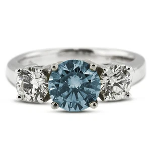 2 CT Blue SI1 Round Cut Natural Certified Diamonds Plat Classic Three Stone Ring - Picture 1 of 10