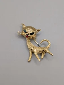 Spilla gatto Panetta vintage spilla rampante tono oro verde occhi di vetro alta 2" BELLA - Foto 1 di 9