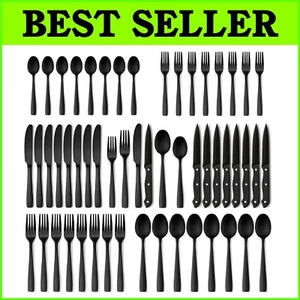 Stainless Steel Matte Black Cutlery Set - 48-Piece Dining Set with Steak Knives - Picture 1 of 9