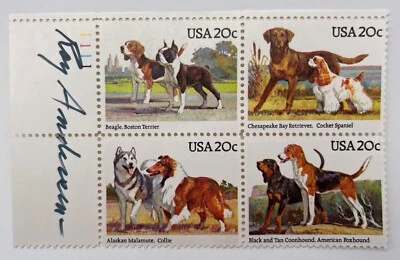 *ARTIST SIGNED* US Plate Block of 4 Stamps #2098-2101, Dogs, Artist Roy Andersen - Image 1 of 3