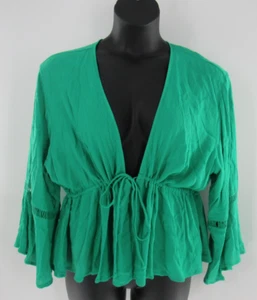 Pus Size Women's Drawstring Green Peplum Lightweight Bell Sleeve Top Sz 3X: NEW - Picture 1 of 4