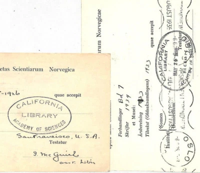 USA Matched Pair CALIFORNIA ACADEMY OF SCIENCES LIBRARY Cards{2} 1927-1935 KK132 - Image 1 of 4