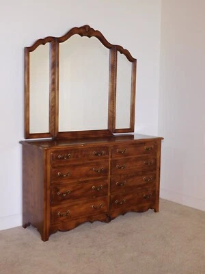 Ethan Allen 1980s French Louis XV Cherry Long Chest or Dresser w Trifold Mirror - Image 1 of 4