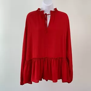 Loft sz Medium Blouse Red Long Sleeve Tie Front Ruffle Neckline New NWT - Picture 1 of 7
