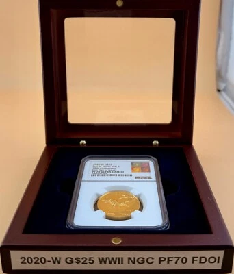 2020 End of World War II 75th Anniv. W $25 Gold Medal PF70 FDOI MULTICOLOR LABEL - Image 1 of 4