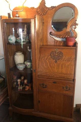 Antique Oak Secretary Drop Down desk/ mirror /glass cabinet/4 shelves,drawer Cover