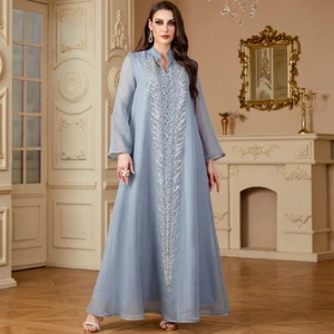 Muslim Embroidery Kaftan Dubai Women Evening Dress Abaya Modest Robe Clothing - Imagen 1 de 14