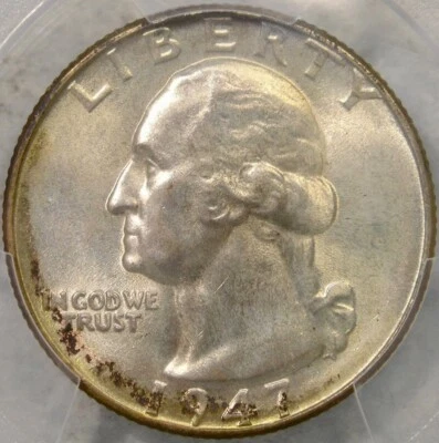 1947 WASHINGTON SILVER QUARTER BEAUTIFUL TONING CHOICE++ PQ++ SCARCE—PCGS MS 67— - Image 1 of 4