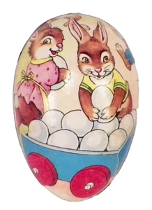 Osterei Bonboniere Junge & Mädchen Hasen Eierwagen Pappmaschine Vintage #8 - Bild 1 von 8