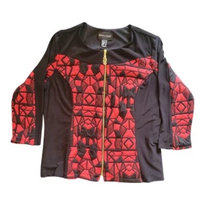 Frank Lyman Design Jacket Women’s Size 16 Full Zip Red Black Stretch Geometric - Picture 1 of 8