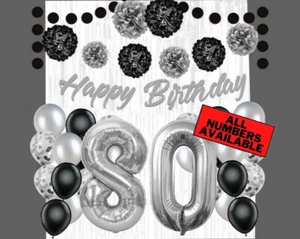 Silver & Black 80th Birthday Decorations - 40" Number Balloons &More Boy or Girl - Picture 1 of 5
