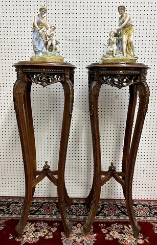 PAIR OF ANTIQUE FRENCH WOOD LOUIS XV1 ORNATE PEDESTAL MARBLE TOP PLANT STANDS Cover