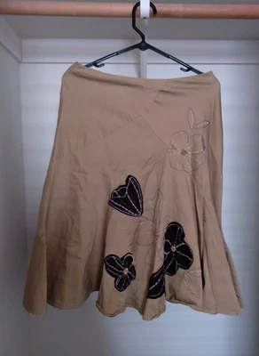 Vintage Sunny Leigh Tan Flared Midi Skirt with Embroidered Flowers and Beads - Image 1 of 4