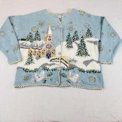Cárdigan suéter vintage BellePointe para mujer 2X azul Navidad iglesia palomas Foto 1 de 4