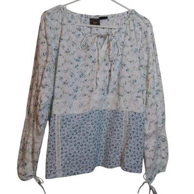 Blusa Campesina Romántica Route 66 Vintage Algodón Blanco Azul Floral CottageCore 2X Foto 1 de 4