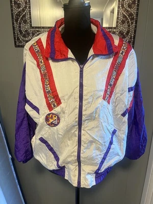 Vintage 1990s Color Block Geometric Windbreaker Jacket white/purple Size Medium  - Image 1 of 4