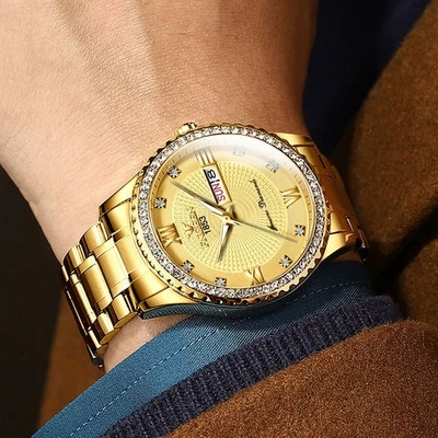 Men’s Luxury Gold Stainless Steel Quartz Watch with Crystal Bezel & Calendar Dis - Image 1 of 3