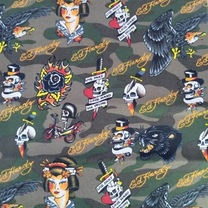 Ed Hardy QUEEN Sheets Set 6pc Green Camouflage Skulls Eagles Panthers Tattoo Art - Picture 1 of 9