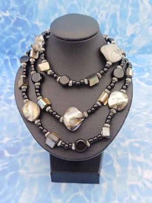 Striking Modern Layered Grey Mother Of Pearl & Black Glass Beaded Necklace - Image 1 of 4