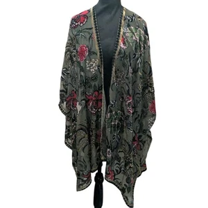 Free People Velvet Burnout Kimono One Size Moody Floral Duster Olive Boho - Picture 1 of 4