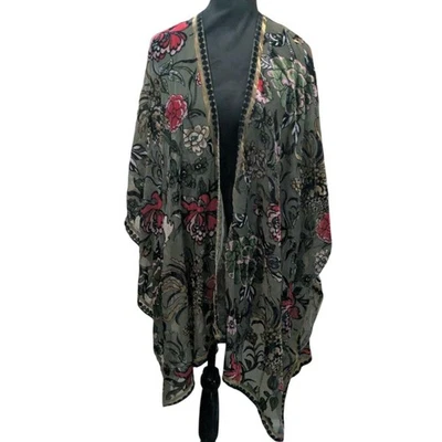 Free People Velvet Burnout Kimono One Size Moody Floral Duster Olive Boho - Image 1 of 4