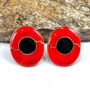 80's Red Enamel Oval Earrings Clip-On Gold Tone Black Enamel Statement Runway - Picture 1 of 6