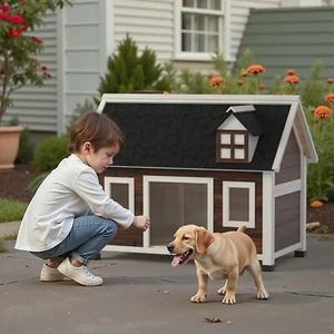Outdoor Dog House Wooden Crate with Insulated Liner & Windows Waterproof Roof - Picture 1 of 9