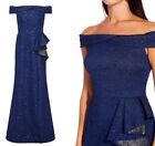 ADRIANNA PAPELL Luxury Designer Off Shoulder Long Blue Dress UK 8 Petite