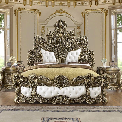 NEW Luxury Old World Victorian King Bed Gold Bronze Carved Wood w/ White Leather - Image 1 of 4