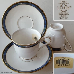 2 Lenox Bone China Made in USA ROYAL KELLY Teacups & Saucers. Marbled Blue. Gold - Picture 1 of 21