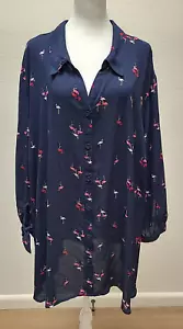 Catherines Blouse Button Up Shirt 5X 34/36 Blue Pink Flamingos 3/4 Tie Sleeve - Picture 1 of 7