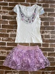 JUSTICE GIRLS 8 FALDA Y CAMISETA LENTEJUELAS PÚRPURA BRILLANTE JOYA COLLAR T OUTFIT - Imagen 1 de 8