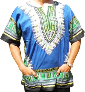Mens BLUE Dashiki Shirt African Blouse Top Rap Rapper ~ FAST SHIPPING - Picture 1 of 4