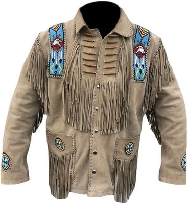 Western Suede Leather Mens Native American Fringe Cowboy Jacket Tassels & Beads - Image 1 of 4