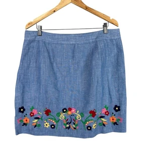 Talbots Chambray Skirt Floral Embroidered 16P Mini Cotton Linen Boho Hippie - Picture 1 of 9