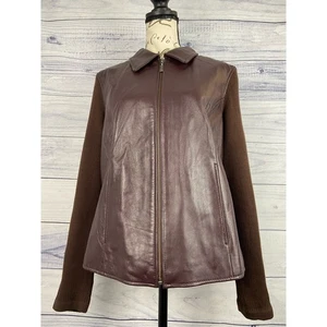 Jaclyn Smith klassische Lederjacke Damen M braun durchgehender Reißverschluss gerippte Strickärmel - Bild 1 von 14