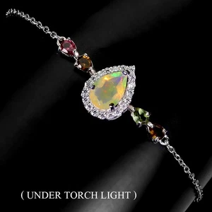 925 Sterling Silver Bracelet Pear Fire Opal 9x6mm Tourmaline Gemstone 7.5inches - Picture 1 of 13