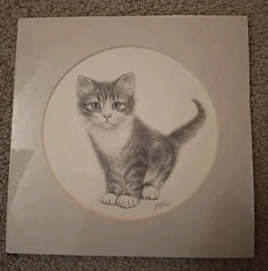 Virginia Miller Charcoal Cat Print with Blue Eyes Signed - Picture 1 of 1