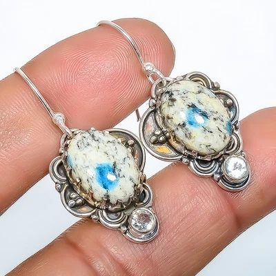 K2 Blue - Azurite In Quartz, White Topaz Silver Plated Earring 1.56" T17 - Image 1 of 3