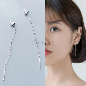 Hypoallergenic Sterling Silver Heart Drop Dangle Chain Tassel Threader Earrings - Picture 1 of 12