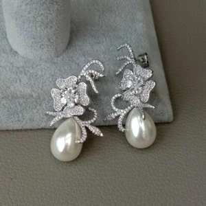 Cz Pave Flower Teardrop White Sea Shell Pearl  Stud Earrings - Picture 1 of 6