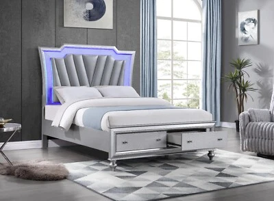 1pc Contemporary LED Light King Upholstery Storage Bed Bedroom Furniture Silver - Image 1 of 2