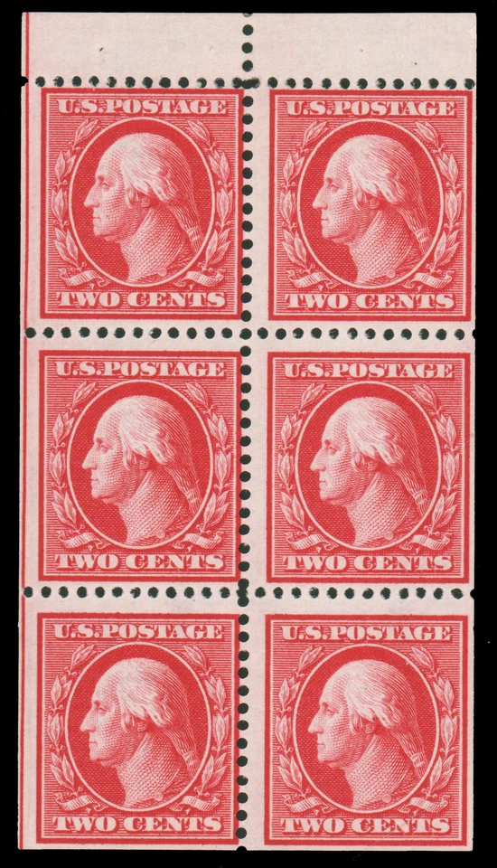 US 1908 2c CARMINE BOOKLET PANE OF SIX Mint #332a guide line to the left - Image 1 of 1