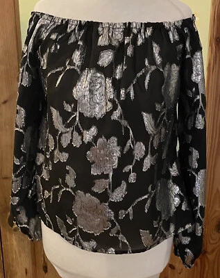 Ladies Size 10 Black Silver & Floral Cropped Off Shoulder Top Lipsy Glamorous - Image 1 of 4