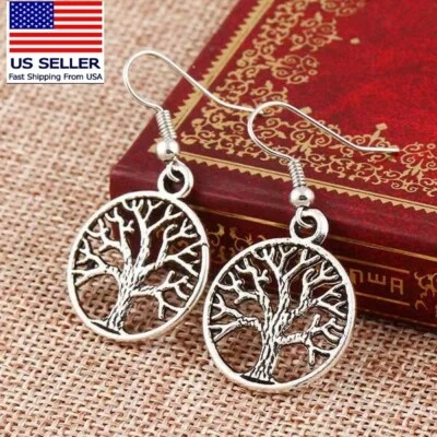 Fashion Women Jewelry Earrings Retro Hollow Tree of Life Tassel Hook Stud 0979 - Image 1 of 4