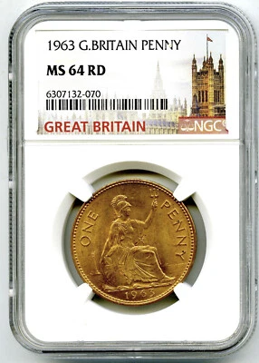 1963 GREAT BRITAIN BRITANNIA LARGE COPPER PENNY NGC MS64 RD LOW MINTAGE - Image 1 of 2