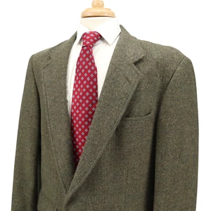VTG Savile Row Wool Tweed Earthy Green Herringbone Blazer Sport Coat Jacket 44L - Picture 1 of 16