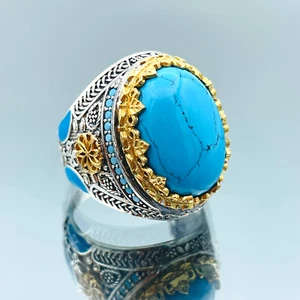 Men Natural Turquoise 925 Sterling Silver Ring Handmade Gift Him Ottoman Ring - Picture 1 of 11
